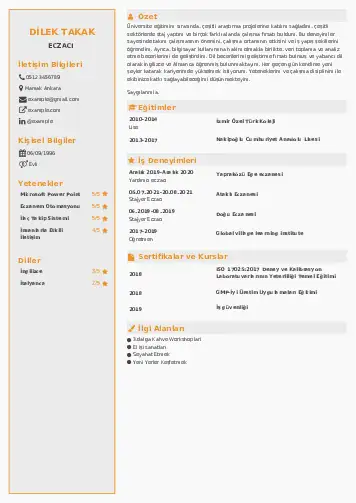 Eczacı CV Örnekleri cv indir